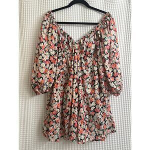 HYFVE 100% Cotton Floral V-Neck Babydoll Mini Dress Large